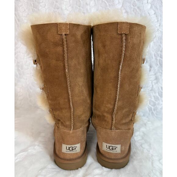 UGG Australia Bailey Triple Button Snow Boots Brown Leather Fluffy Tall Size 6 - Picture 4 of 14